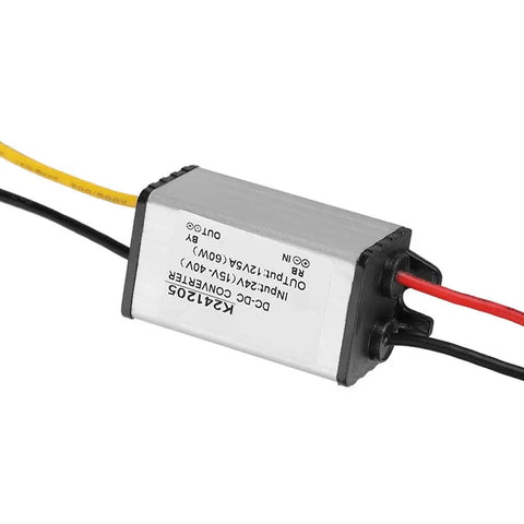 24V To 12V DC To DC Converter Pro Grade High Efficiency Power Supply 5A, metal casing, multiple color wires, side view