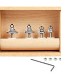 Four Piece Carbide Tipped Corner Rounding And Beading Router Bit Set With One Quarter Inch Shank For Precise Edge Profiles in wood box