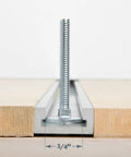 Beefy One Quarter Twenty Miter T Slot Bolt in 3/4 x 3/8 miter slot on table saw, two inch long, used for featherboards and jigs