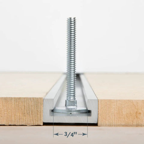 Beefy One Quarter Twenty Miter T Slot Bolt in 3/4 x 3/8 miter slot on table saw, two inch long, used for featherboards and jigs