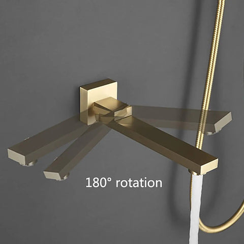UMJIGF 12 Inch Brushed Gold Shower System Thermostatic Shower Faucet Set with Rotatable Tub Spout showing 180° rotating tub spout features.