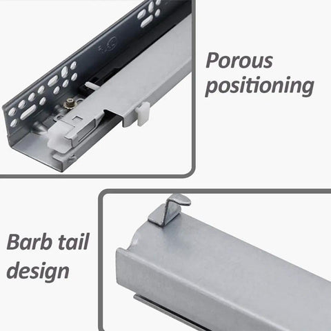 Heavy Duty Undermount Drawer Slides With Silent Soft Close Mechanism And Full Extension Glide Galvanized Steel Build For Zero Noise Cabinet Projects Tough As Nails Hardware Upgrade 16 Inch Set close-up of porous positioning and barb tail design.