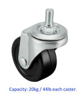 Heavy Duty Black Rubber Swivel Twin Wheel Casters With Threaded Stem Zero Grind Furniture Rollers For Cabinets Lockers And Carts, close-up view with capacity shown.