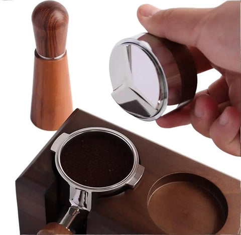 Professional Grade 304 Stainless Steel Espresso Coffee Distributor Featuring Three Angled Slopes To Ditch Clumps And Flatten Grounds For Tight Rock Solid Tamps Guaranteeing A Clean Smooth Shot Pull Across 51 53 58MM Filter Basket Sizes being held above a portafilter.