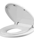 No Drama Thick Polypropylene Toilet Seat With Dead Smooth Slow Close Lid And Quick Release Hinges For Universal Bathroom Fixtures, angled view with lid open.