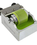 Heavy Duty Aluminum Leather Edge Paint Roller Featuring Spring Loaded Tension Knurled Handle For Tweaking Pressure And Knocking Out Killer Leather Finishes Fast on display with green roller.