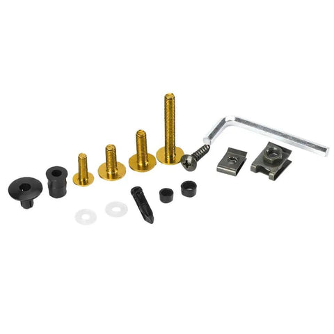 Universal 223-Piece Motorcycle Fairing Bolts Kit With Windscreen Screws And Nuts, gold hardware, push buckles, tool shown