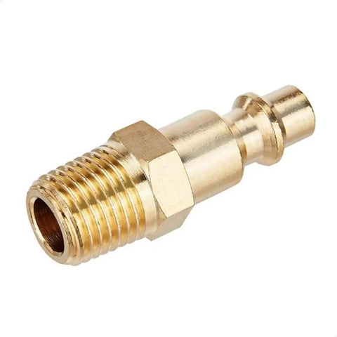 Close-up of a single brass connector from a 10 Piece Brass One Quarter Inch NPT Quick Connect Air Fittings Kit With M Style Couplers And Plugs For Air