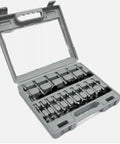 Pro Stock 16 Piece Forstner Drill Bit Set For Carpentry Projects in a heavy duty carrying case with lid open.