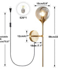 Dope Mid Century Smoke Glass Plug In Wall Lights Two Piece Brushed Brass Globe Sconce Lamps dimensions and features