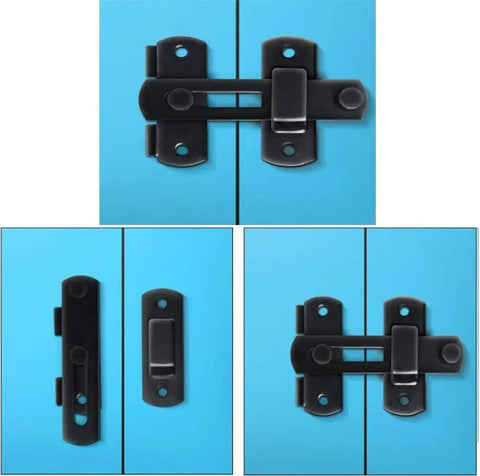 Two Pack Small Stainless Steel Flip Lock Safety Door Bolt Holder Latch Black With Anti Oxidation Finish installed on blue cabinet