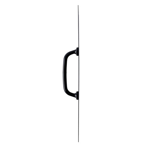Side view of Commercial 15 Inch Stainless Steel Pull Door Plate In Matte Black Finish, showcasing pre-drilled mounting holes.