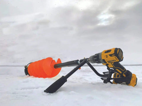 Ice Auger Nylon Flighting Combo With Universal Drill Adapter and 14 Inch Extension, 33 Inch Shaft used on icy surface