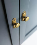Six Piece Set Of Antique Brass Cabinet Knobs With Industrial Backplates For Kitchen Cabinets Classic Round Hardware Vintage Drawer Pulls Retro Dresser Handles Yanxia shown installed on cabinet