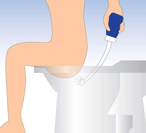 Illustration of portable bidet personal hygiene refresher with extra long 9 inch curved nozzle for longer reach, travel friendly use.