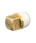 Heavy Duty Brass Square Head Pipe Plug For 1-1/2 Inch Bspt Male Threads With Pre Applied Ptf Sealant, showing a solid brass construction.