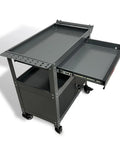 Steel Rolling Tool Cart With Lockable Cabinet And Drawer, Pro Grade Heavy Duty Utility Cart On Wheels For Garage Auto Shop, Three Tiers, Black And Grey.