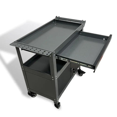 Steel Rolling Tool Cart With Lockable Cabinet And Drawer, Pro Grade Heavy Duty Utility Cart On Wheels For Garage Auto Shop, Three Tiers, Black And Grey.