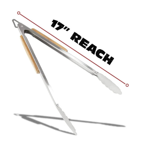 17-inch tongs from Three Piece BBQ Grillin Accessories Set With Heavy Duty Stainless Steel Tools And Solid Hardwood Handles