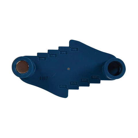 Center Offset Marking Tool for Woodworking, Blue Finish, Fits Standard Pencils, Center Hole Keeps Pencil Centered, Top View