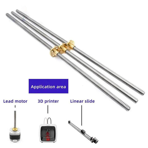 Smooth And Strong 8mm T8 Trapezoidal Lead Screw Kit With Brass Nut, Featuring Precision Threads And Low Friction For Perfect Lifting Projects At 200 To 600mm Lengths; three rods with brass nuts