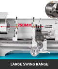 Mini benchtop metal lathe with 3-jaw chuck, gray/white body, tool post, and tailstock; 750mm travel shown.