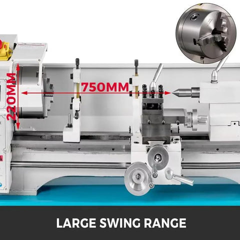 Mini benchtop metal lathe with 3-jaw chuck, gray/white body, tool post, and tailstock; 750mm travel shown.