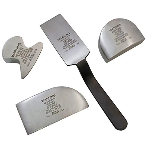 Set of four silver and black scraper tools with warning labels on blades.