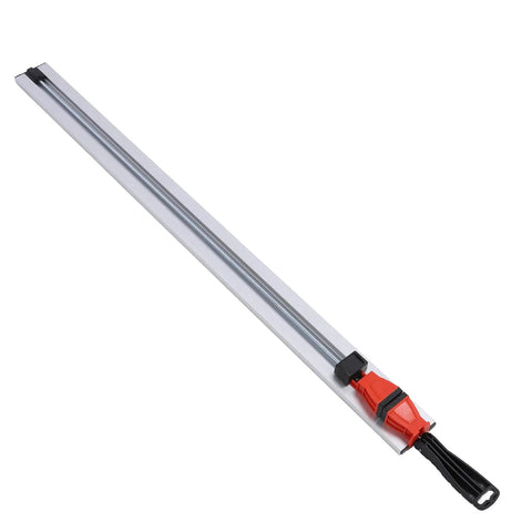 Heavy Duty Aluminum Straight Edge Guide For Circular Saws Featuring A Rock Solid Rubber Clamp and Non Slip Rail on a flat surface.