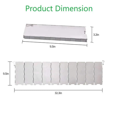 Tall 32.3 Inch By 9.5 Inch Aluminum Stove Windscreen dimensions with 10 removable plates folded and unfolded view
