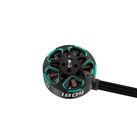 Ultra Lightweight Brushless Motor For 3.5 To 5 Inch FPV Drones 1804 2450KV Or 3450KV with teal accents and wires