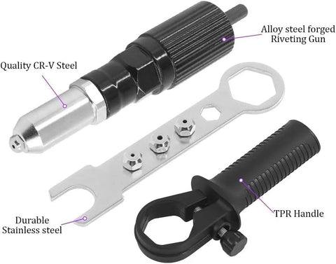 Cordless Rivet Gun Tool Kit For Drills With Four Threaded Heads 2.4mm 3.2mm 4.0mm 4.8mm, Pro Grade Riveter Drill Attachment Set