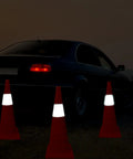 Collapsible 28 Inch Traffic Cones 4 Pack Pro Grade Pop Up Safety Road Markers with car in dimly lit area, reflective at night