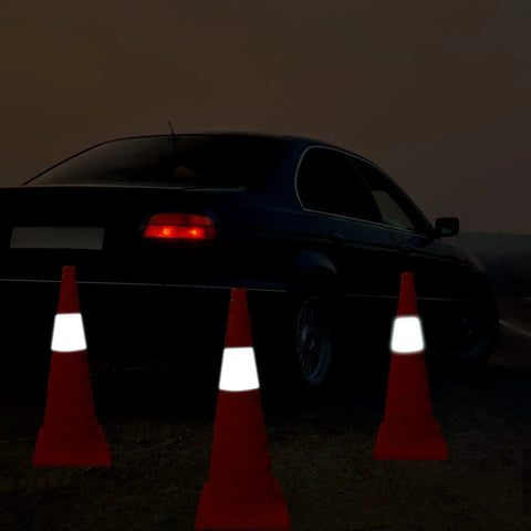 Collapsible 28 Inch Traffic Cones 4 Pack Pro Grade Pop Up Safety Road Markers with car in dimly lit area, reflective at night