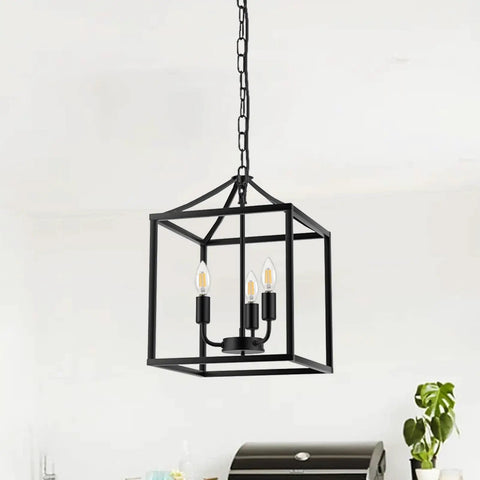 Dope Three Light Industrial Farmhouse Chandelier In Matte Black With Square Cage Pendant for kitchen island or dining area