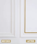 Before and after view of Matte Gold Peel And Stick Molding Trim on wall, showcasing flexible mirror border transformation.