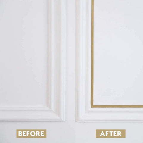 Before and after view of Matte Gold Peel And Stick Molding Trim on wall, showcasing flexible mirror border transformation.