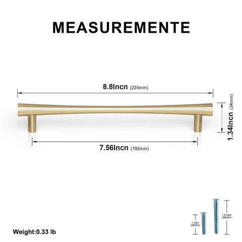 Champagne Bronze Cabinet Pulls Set, 6 Pack, 7.56 Inch Hole Center, Zinc Alloy Modern Warm Gold Drawer Handles with dimensions