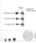 Hypoallergenic Titanium Ball Stud Earrings for Sensitive Ears, 3mm 4mm 5mm, black size chart with 20 gauge pin