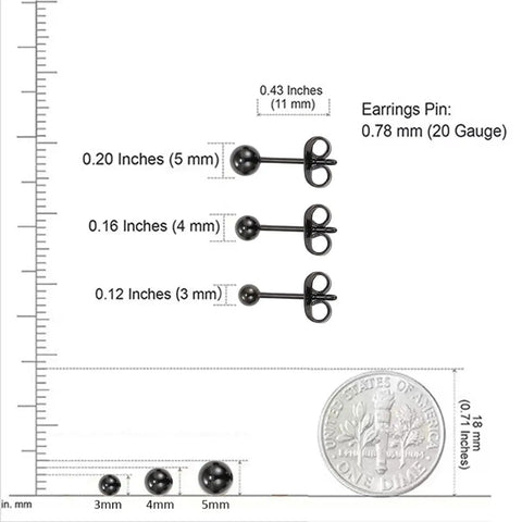Hypoallergenic Titanium Ball Stud Earrings for Sensitive Ears, 3mm 4mm 5mm, black size chart with 20 gauge pin