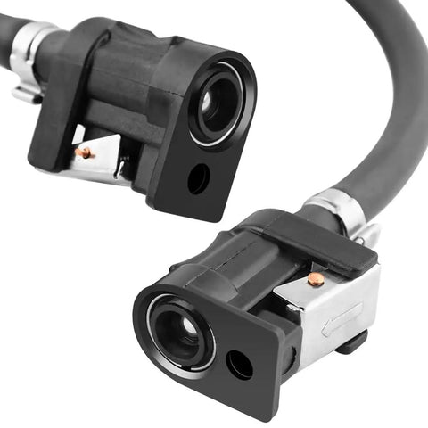 Close-up of connector on Rugged Heavy Duty Fuel Line Hose With Connector For Boats And RVs, Five Sixteenth Inch Inner Diameter, Seven Foot Long
