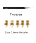 Ender Series 3D Printer Tool Kit featuring 5pcs 0.4mm nozzles and ESD-13 tweezers for Ender 3 Pro V2 Neo S1 maintenance