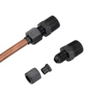 Heavy Carbon Steel Hydraulic Flare Union Push Fitting Oil Line Piece For Garage Quarter Inch Twelve mm Threads Require Tight Seals High Pressure Setup No Leak Issues When Things Get Rough Daily Grind, black fitting on copper line