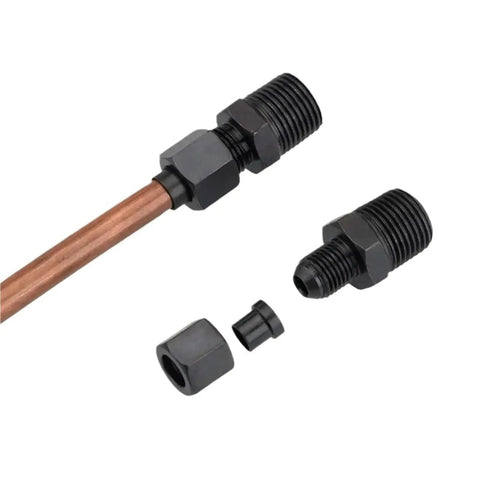 Heavy Carbon Steel Hydraulic Flare Union Push Fitting Oil Line Piece For Garage Quarter Inch Twelve mm Threads Require Tight Seals High Pressure Setup No Leak Issues When Things Get Rough Daily Grind, black fitting on copper line