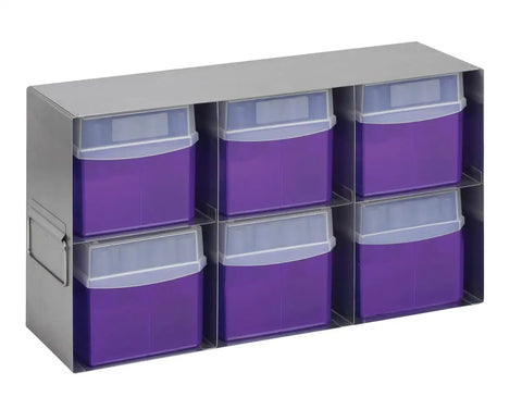 Heavy Duty Stainless Steel Upright Freezer Rack With Six Generous Slots For Cryogenic Boxes And Storage Containers shown with purple containers.