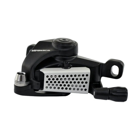 Heavy Duty Post Mount Dual Piston Mechanical Disc Brake Set With Rotors, black caliper detail with Silver heat sink.