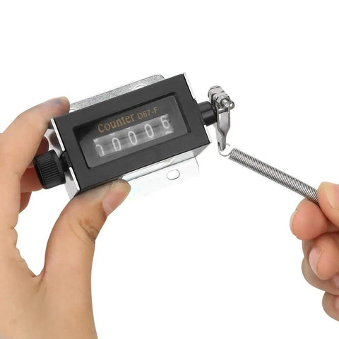 Rugged Hand Held Manual Tally Counter For Cranking Out Totals On The Fly With Crisp Five Digit Dial and pull grip, displaying count 00006.