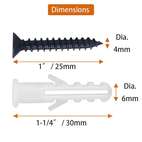 Black M4 Wood Screws Kit 100 Pcs Self Tapping Phillips Flat Head Drywall Screws Plus M6 Anchors dimensions