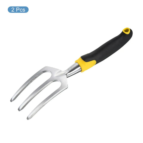 Three Tine Hand Garden Fork With Aluminum Alloy Non Slip Handle for Weeding and Transplanting, shown in black and yellow handle