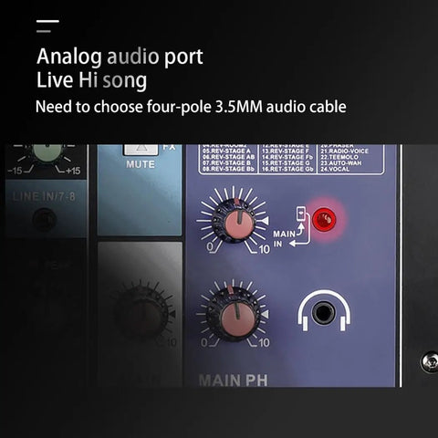 Close-up of 8 Channel Portable Mixer With Built-In ARM Core Processor USB Computer Input 48V Phantom Power Sound Console controls.